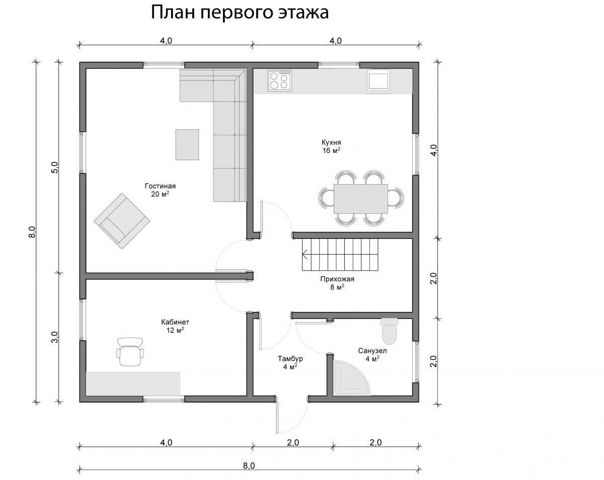Планировка одноэтажного дома 8х8 с мансардой