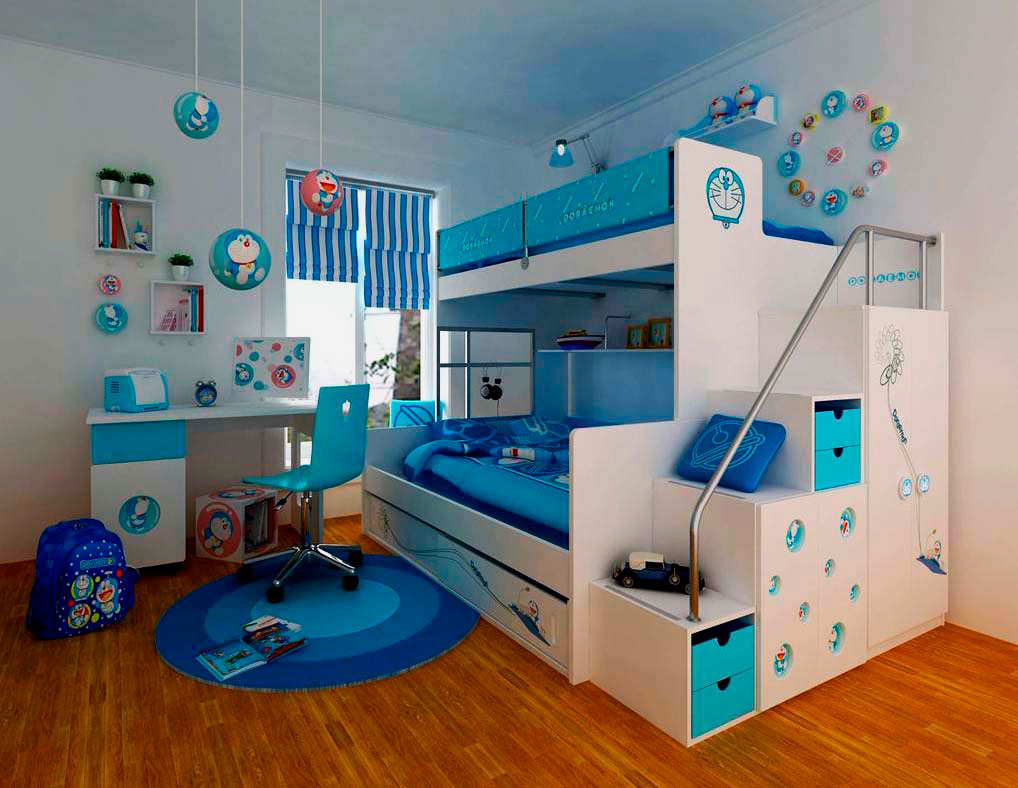 Фото детской двухъярусной кровати со ступенями и металлическим перилом
