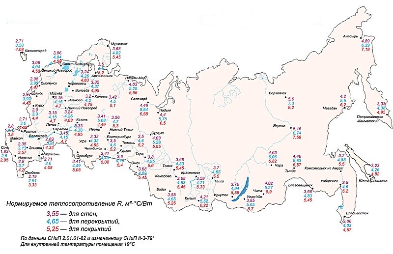 Карта-схема территории РФ для отыскания нормированного значения сопротивления теплопередаче.