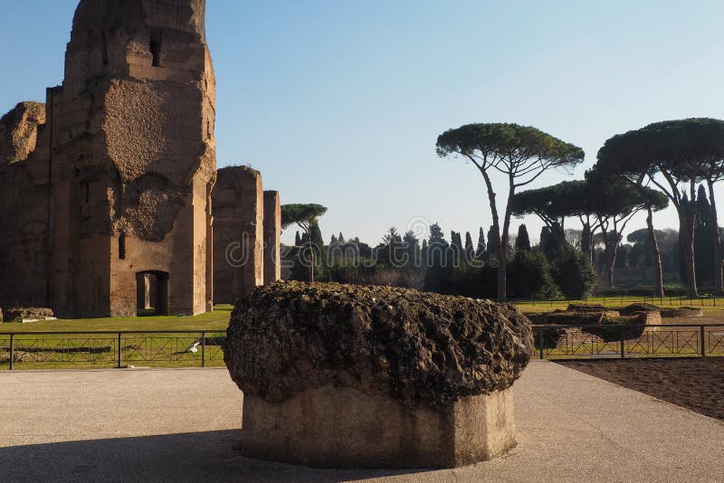 Baths of Caracalla in Rome, Italy. The calidarium or hot bath of the Baths of Caracalla in Rome, Italy. The caldarium was a circular room with marble floors and royalty free stock image