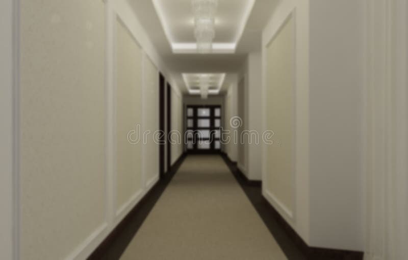 Blur interior design, hotel hall corridor, classic style with carpeting, wooden doors, wallpaper and stucco moldings, pendant. Lamps and illuminated false royalty free stock photos