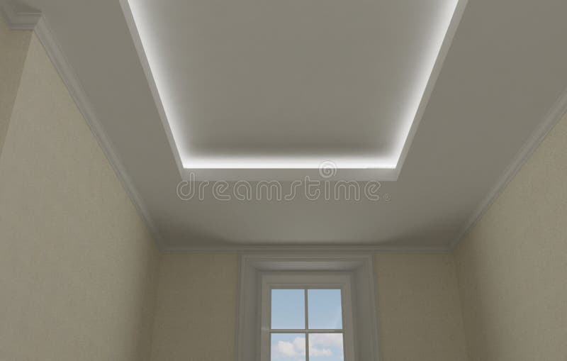 Ceiling close-up in classic interior, vintage room with stucco and moldings, beige wallpaper, illuminated false suspended ceiling. Design royalty free stock images