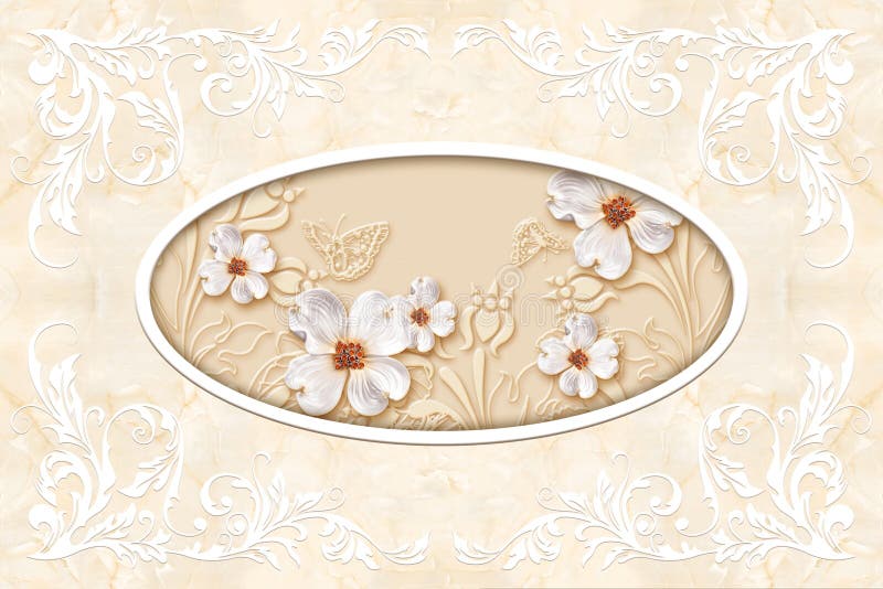 3d ceiling murals wallpaper, stucco moulding on marble background. White decor frame, jewelry flowers in the middle on beige marble background. 3d wallpaper vector illustration