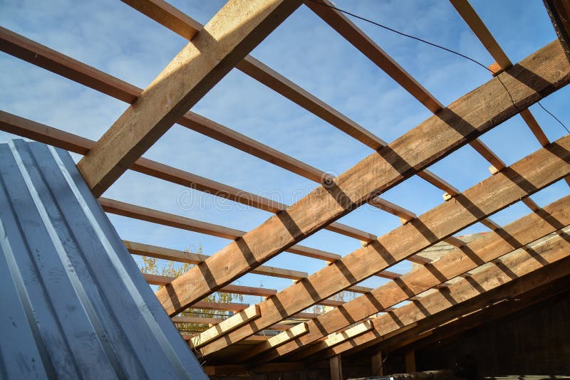 Details of construction wooden roof, roofing timber structure system. royalty free stock photo