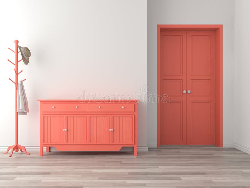 Empty room entrance hall interior with coral color concept 3d render vector illustration