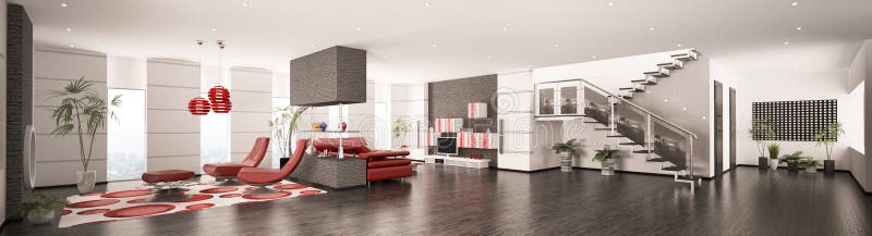 Interior of modern apartment panorama 3d render stock illustration