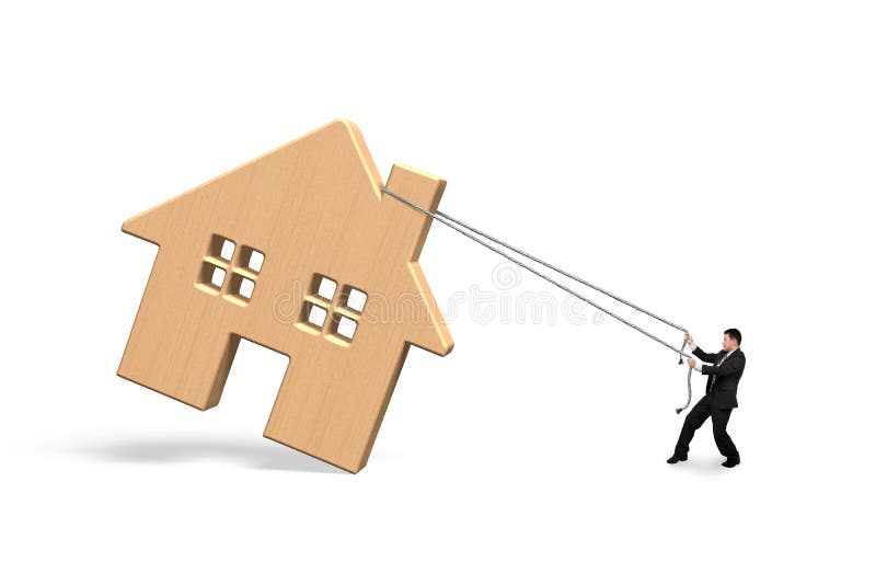 Man pulling rope to move wooden house royalty free stock images