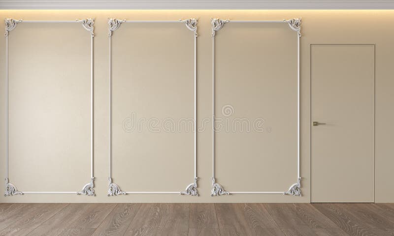 Modern classic beige interior with stucco, door, wooden floor, ceiling backlit, molding. Empty room, blank wall. 3d render illustration mock up stock photos