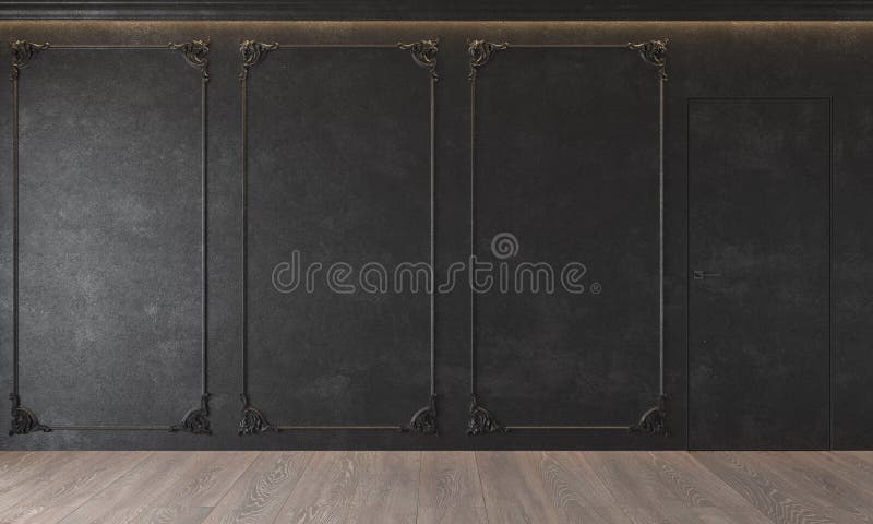 Modern classic black interior with stucco, door, wooden floor, ceiling backlit, molding. Empty room, blank wall. 3d render illustration mock up stock photo