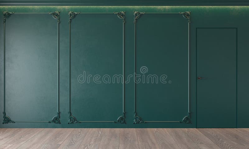 Modern classic green interior with stucco, door, wooden floor, ceiling backlit, molding. Empty room, blank wall. 3d render illustration mock up royalty free stock images