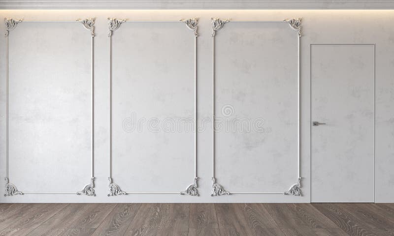 Modern classic white interior with stucco, door, wooden floor, ceiling backlit, molding. Empty room, blank wall. 3d render illustration mock up stock photos