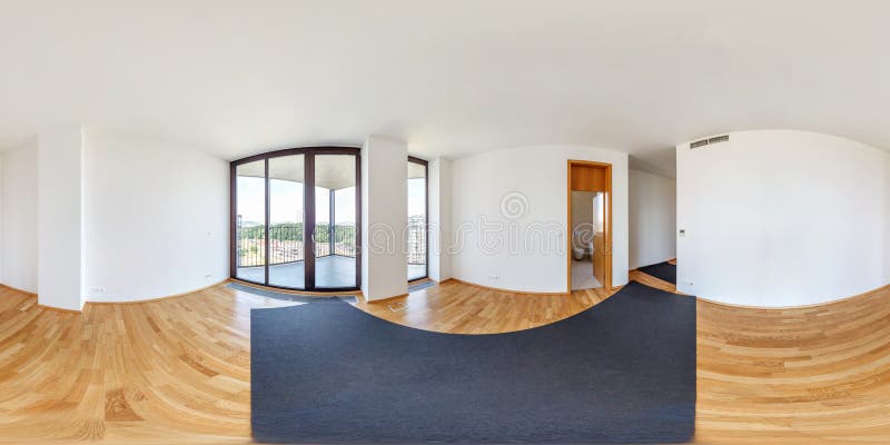 Panorama 360 view in modern white empty loft apartment interior of living room hall, full  seamless hdri 360 degrees angle view stock image