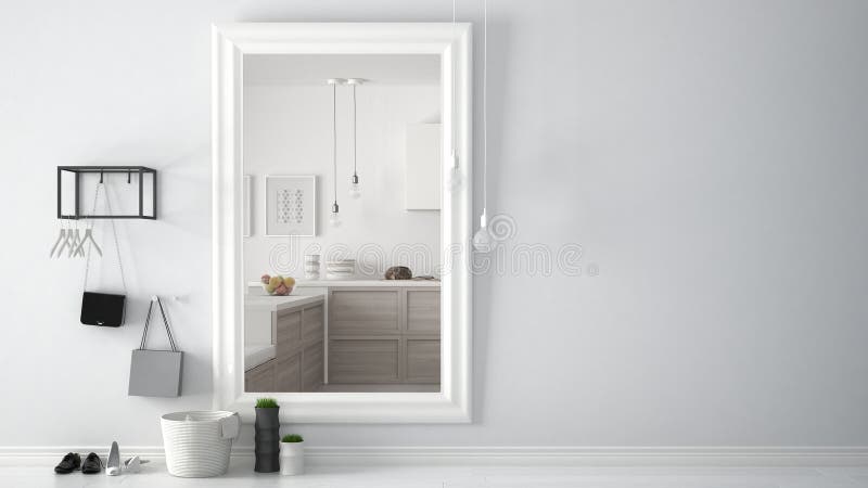 Scandinavian entrance lobby hall with mirror reflecting bright wooden kitchen with fruit and bread, minimalist white interior desi stock illustration