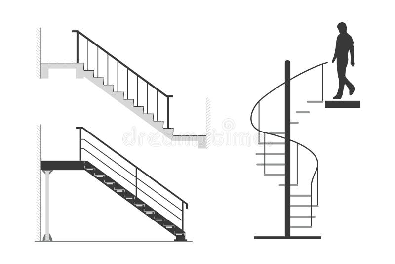 Set of steel stair with silhouette of man go down spiral staircase, vector illustration vector illustration