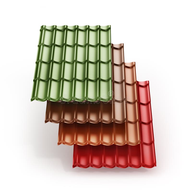 Stack of different colors metal tile roof coating. 3d illustration stock images