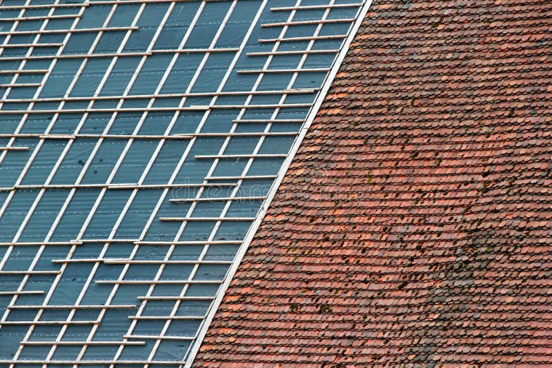 Tiled roof with lathing stock image