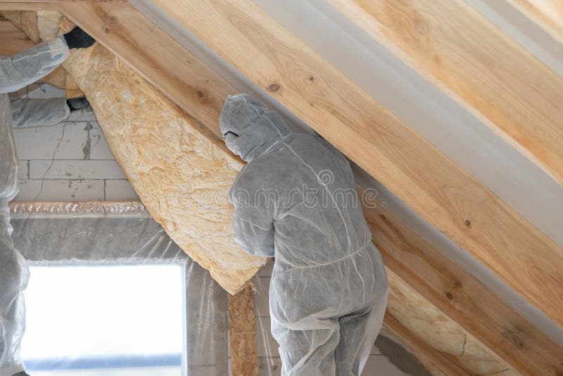 Worker man in overalls working with rockwool insulation material royalty free stock image