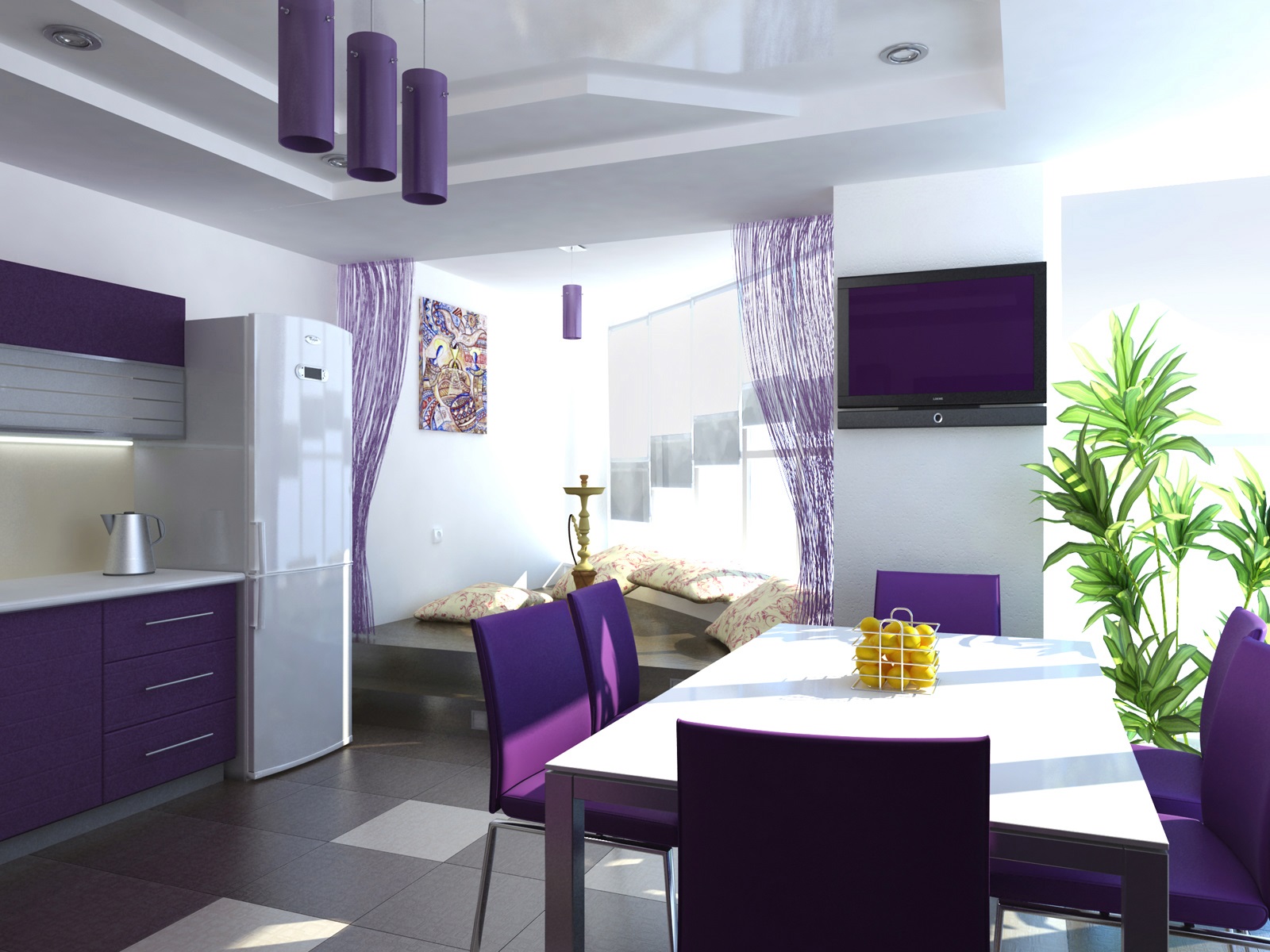 сдержанный дизайн фиолетовой кухни