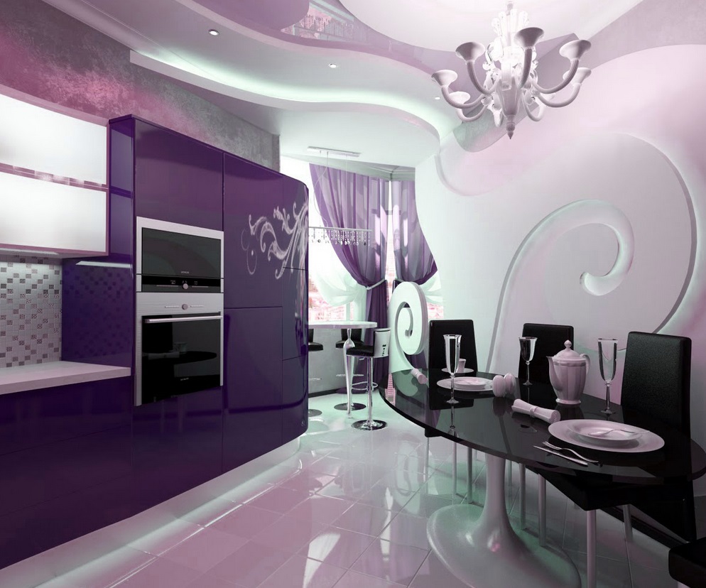фиолетовый дизайн кухни с белым