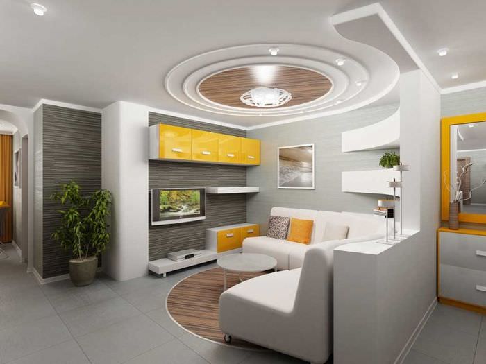 Потолок сложной формы из гипсокартона в дизайне гостиной